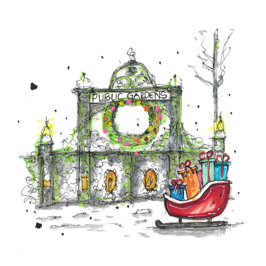 Halifax Public Gardens with Gift Sleigh: 4.25"x5.5" Greeting Card with Envelope / Fineliners and alcohol-based markers / Architectural sketch