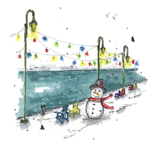 Halifax Boardwalk Snowman: 4.25"x5.5" Greeting Card with Envelope / Fineliners and alcohol-based markers / Architectural sketch