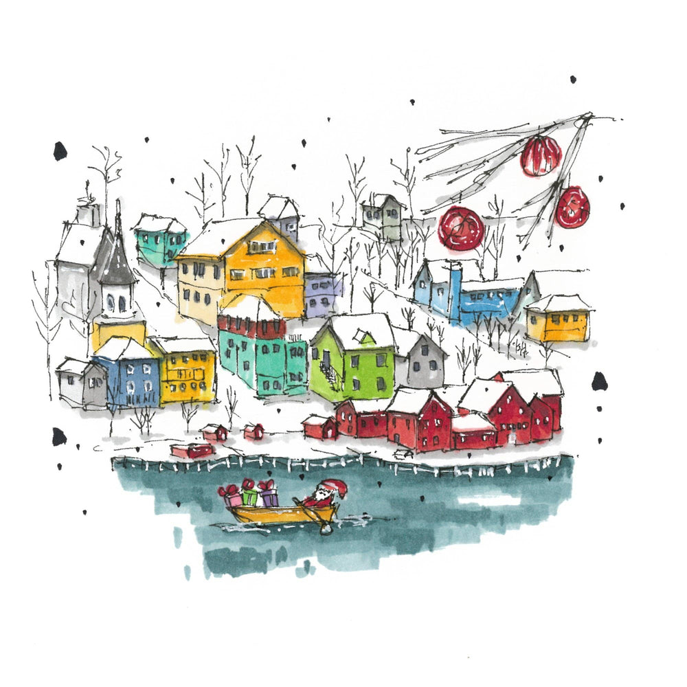 Lunenburg Christmas with Santa in Dory: 4.25"x5.5" Greeting Card with Envelope / Fineliners and alcohol-based markers / Architectural sketch