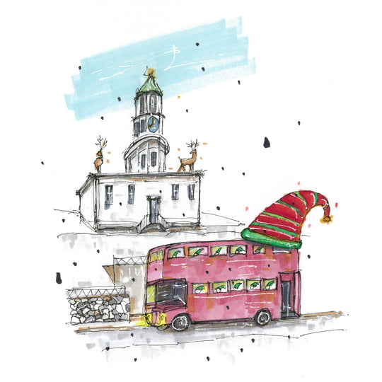 Citadel Clock Tower - Elves in the Antique Bus: 4.25"x5.5" Greeting Card with Envelope / Fineliners and alcohol-based markers / Architectural sketch