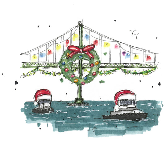 Macdonald Bridge Christmas Hat Tug Boats: 4.25"x5.5" Greeting Card with Envelope / Fineliners and alcohol-based markers / Architectural sketch