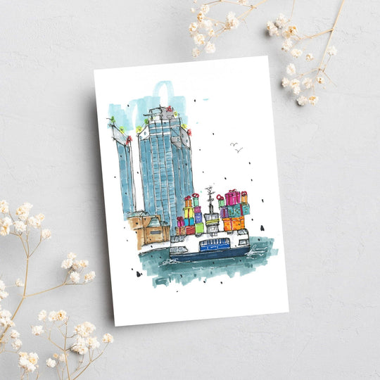 Halifax Gift Ferry: 4.25"x5.5" Greeting Card with Envelope / Fineliners and alcohol-based markers / Architectural sketch