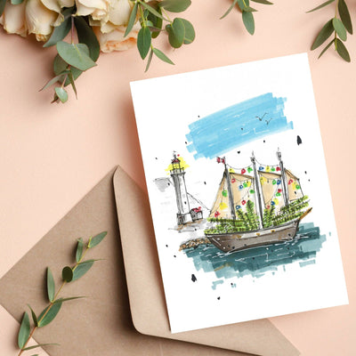 Cruising Christmas Trees on The Tall Ship Silva: 4.25"x5.5" Greeting Card with Envelope / Fineliners and alcohol-based markers / Architectural sketch