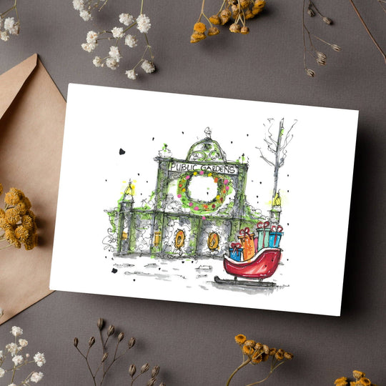 Halifax Public Gardens with Gift Sleigh: 4.25"x5.5" Greeting Card with Envelope / Fineliners and alcohol-based markers / Architectural sketch