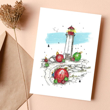 Peggy's Cove Baubles: 4.25"x5.5" Greeting Card with Envelope / Fineliners and alcohol-based markers / Architectural sketch